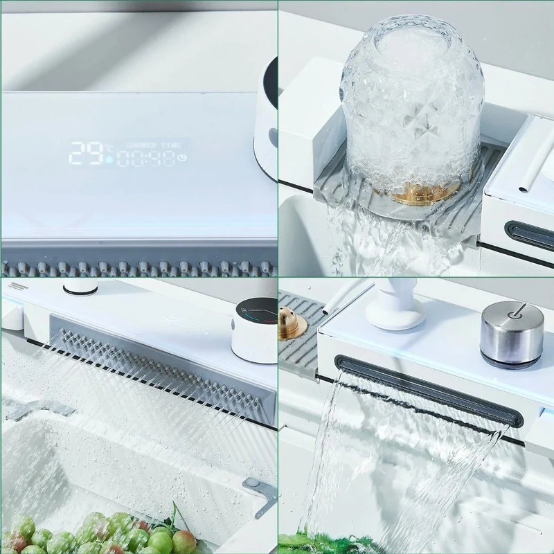 Edelstahl Küchenspüle Weiß mit LED & Wasserfall-Armatur