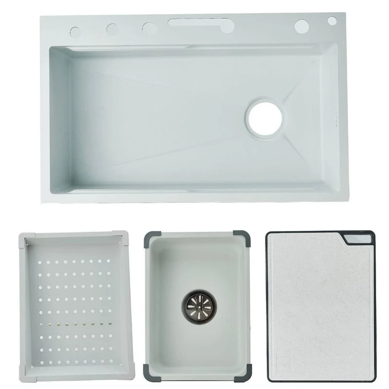 Edelstahl Küchenspüle Weiß mit LED & Wasserfall-Armatur