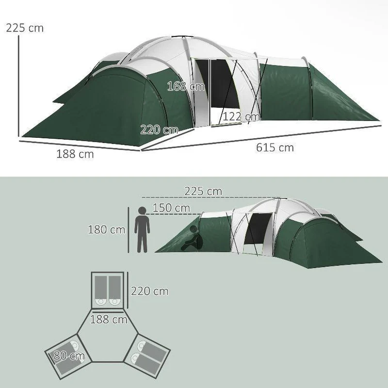 Tunnelzelt für 6–9 Personen 3 Schlafkabinen & Veranda