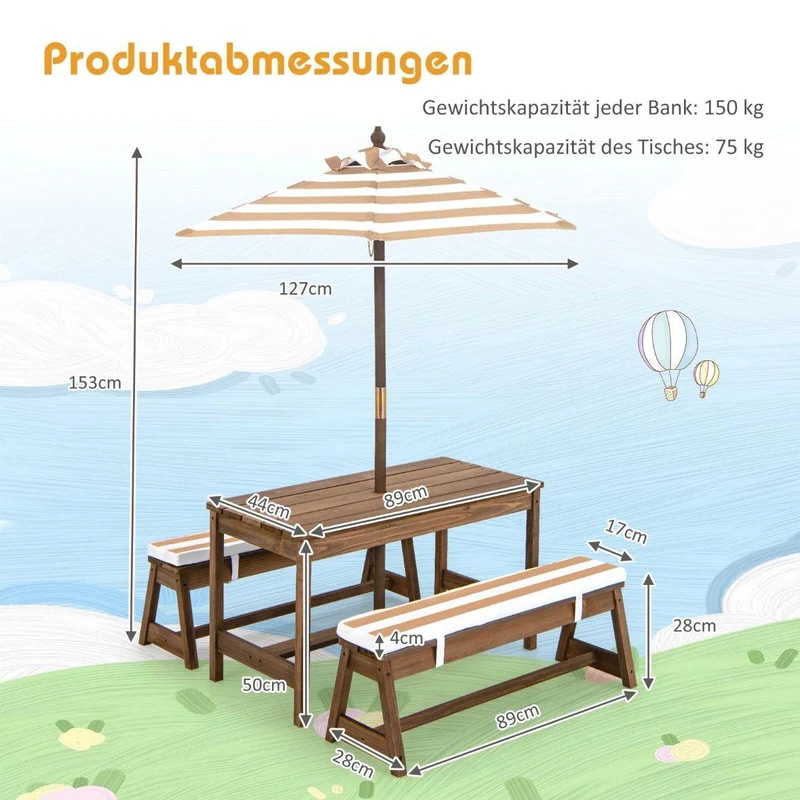 Kinder Picknicktisch Set aus Holz mit Sonnenschirm & Sitzkissen