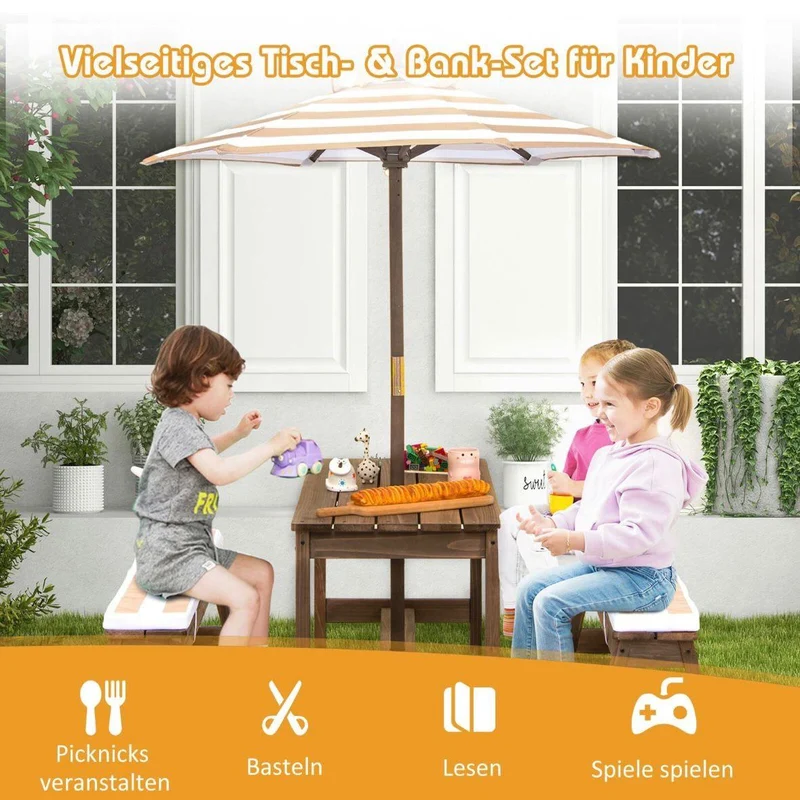 Kinder Picknicktisch Set aus Holz mit Sonnenschirm & Sitzkissen