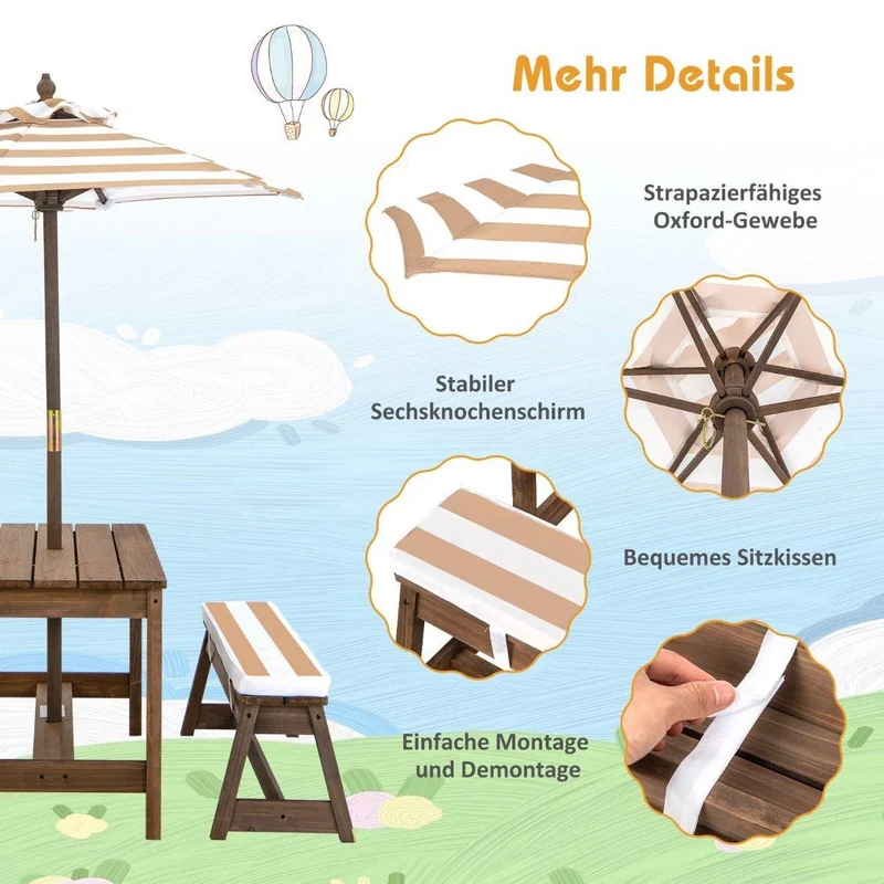 Kinder Picknicktisch Set aus Holz mit Sonnenschirm & Sitzkissen