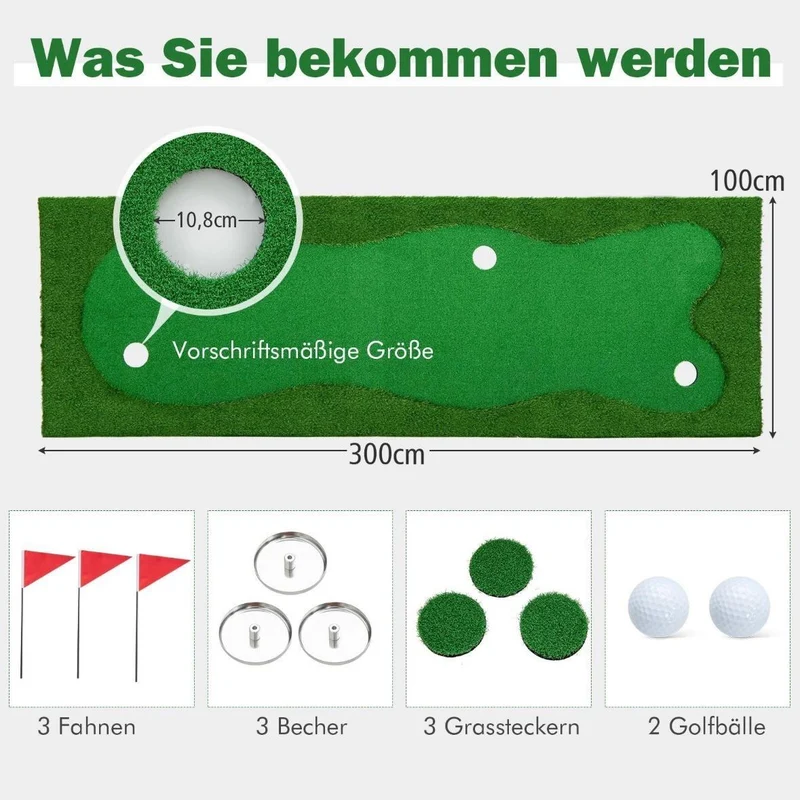 Golf Puttingmatte 300×100cm Trainingsmatte mit 3 Löchern