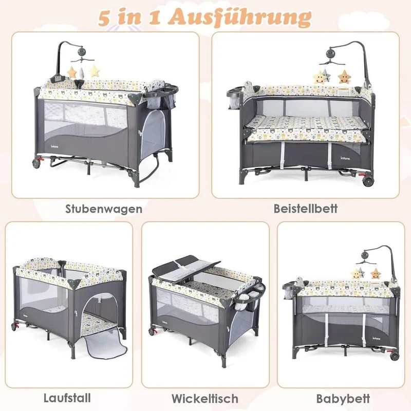5in1 Babybett mit Wickeltisch & Beistellfunktion