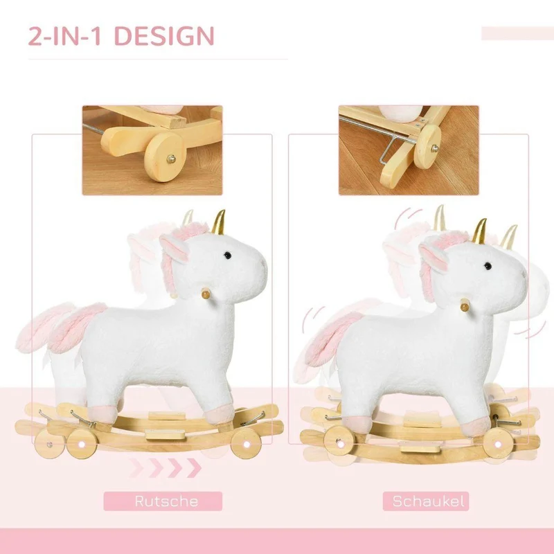 Schaukelpferd Einhorn 2in1 Plüsch mit Rollen & Sound