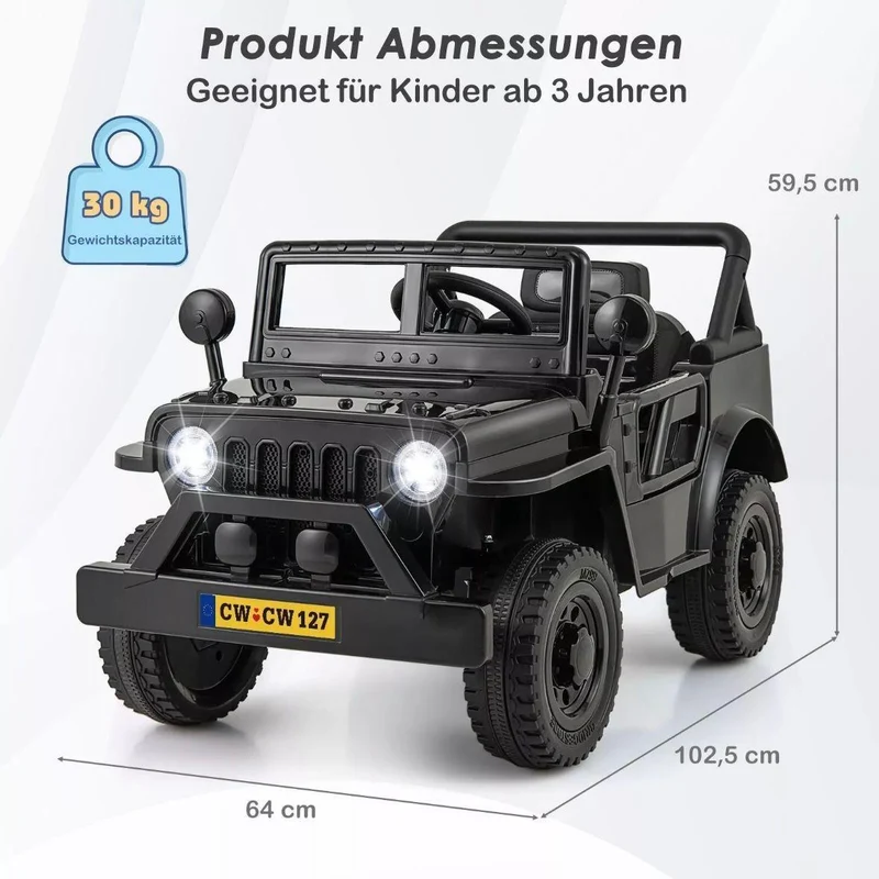 Elektrisches Kinderauto 12 V mit Fernbedienung & LED – Schwarz
