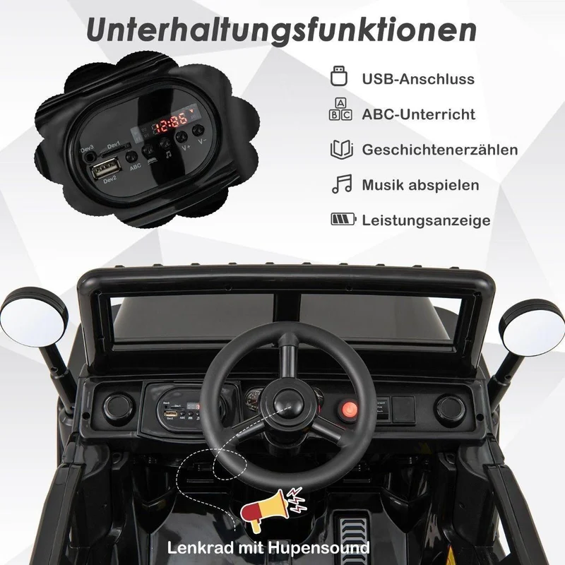 Elektrisches Kinderauto 12 V mit Fernbedienung & LED – Schwarz