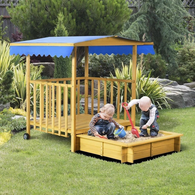 Kinder Sandkasten mit Spielhaus & Sonnendach aus Holz Garten Outdoor