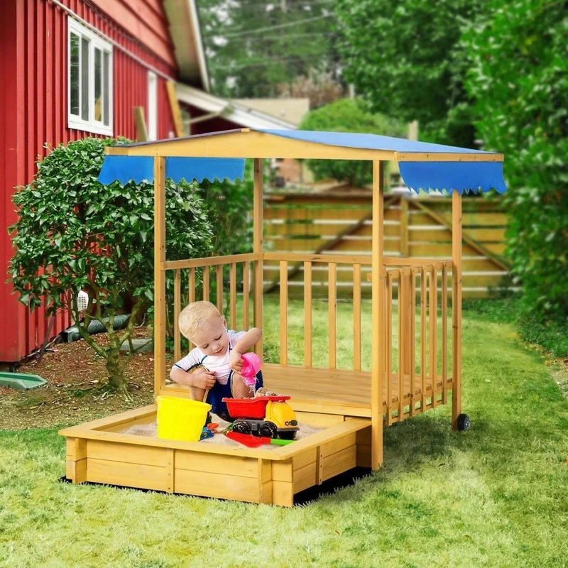 Kinder Sandkasten mit Spielhaus & Sonnendach aus Holz Garten Outdoor