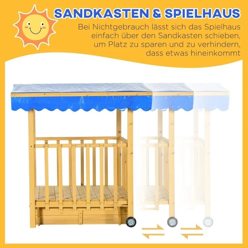 Kinder Sandkasten mit Spielhaus & Sonnendach aus Holz Garten Outdoor
