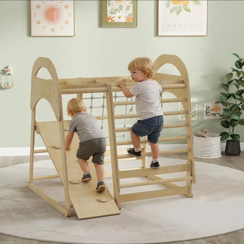6in1 Montessori Klettergerüst Kinder Indoor mit Rutsche & Kletternetz Holz Spielgerät