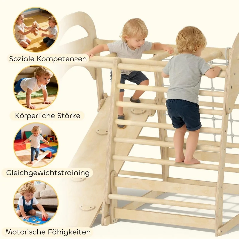 6in1 Montessori Klettergerüst Kinder Indoor mit Rutsche & Kletternetz Holz Spielgerät