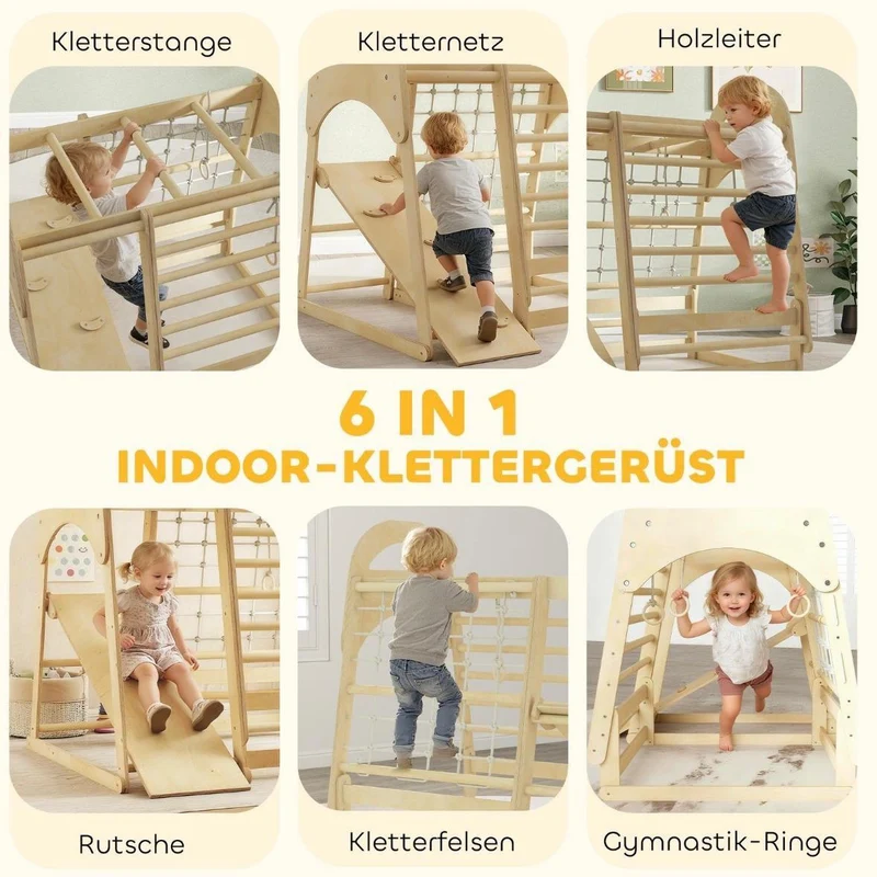 6in1 Montessori Klettergerüst Kinder Indoor mit Rutsche & Kletternetz Holz Spielgerät