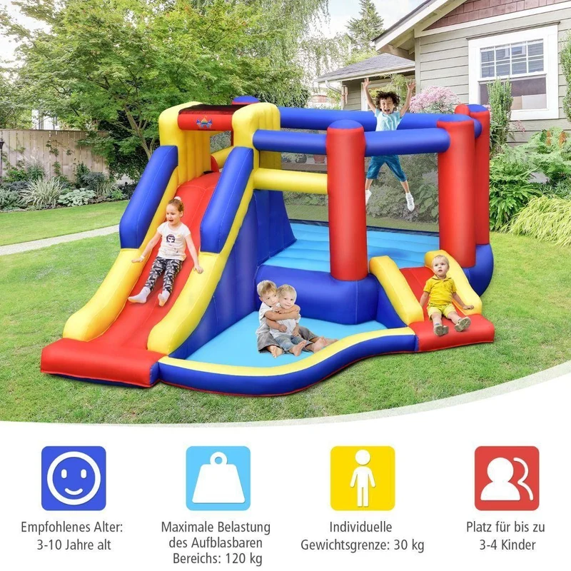 Aufblasbare Hüpfburg mit Rutsche & Kletterwand – Kinder Spielburg Garten 383 cm