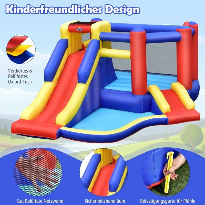 Aufblasbare Hüpfburg mit Rutsche & Kletterwand – Kinder Spielburg Garten 383 cm