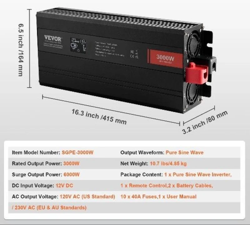 3000W Sinus Wechselrichter 12V auf 230V Spannungswandler
