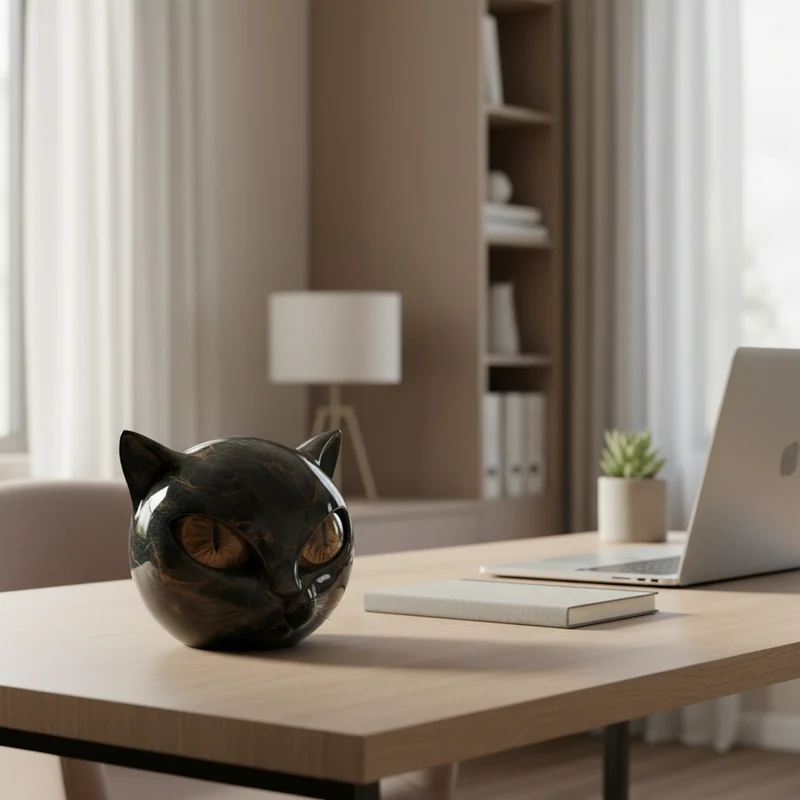 NoirCat Skulptur – Schwarzer Katzenkopf mit hypnotisierenden Augen