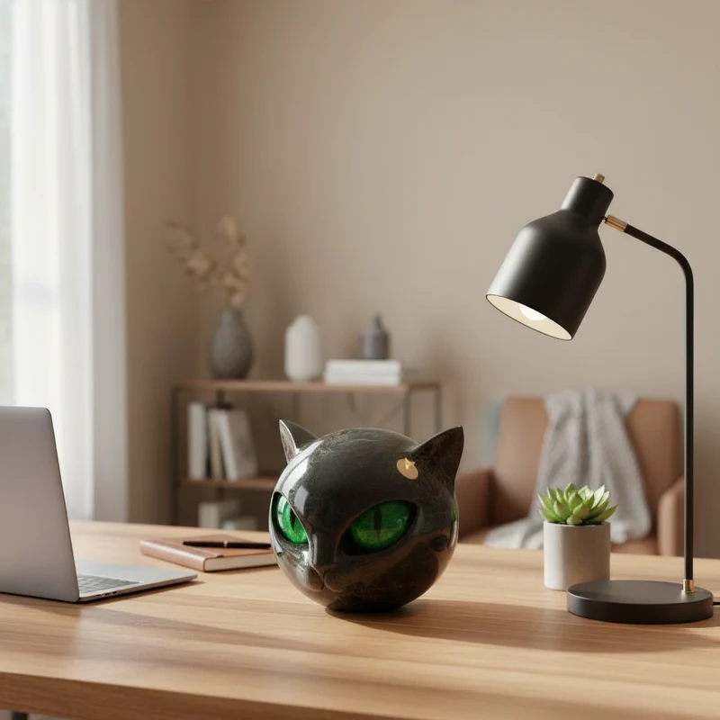NoirCat Skulptur – Schwarzer Katzenkopf mit hypnotisierenden Augen