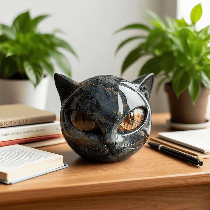 NoirCat Skulptur – Schwarzer Katzenkopf mit hypnotisierenden Augen