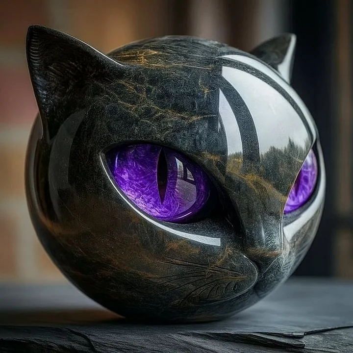 NoirCat Skulptur – Schwarzer Katzenkopf mit hypnotisierenden Augen