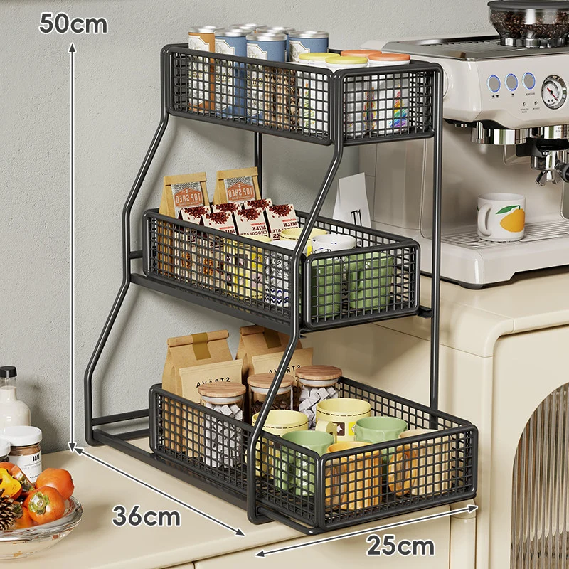 Dreiböckiger, schräger Metall-Mesh-Thekenregal-Organizer mit stapelbaren Drahtkörben