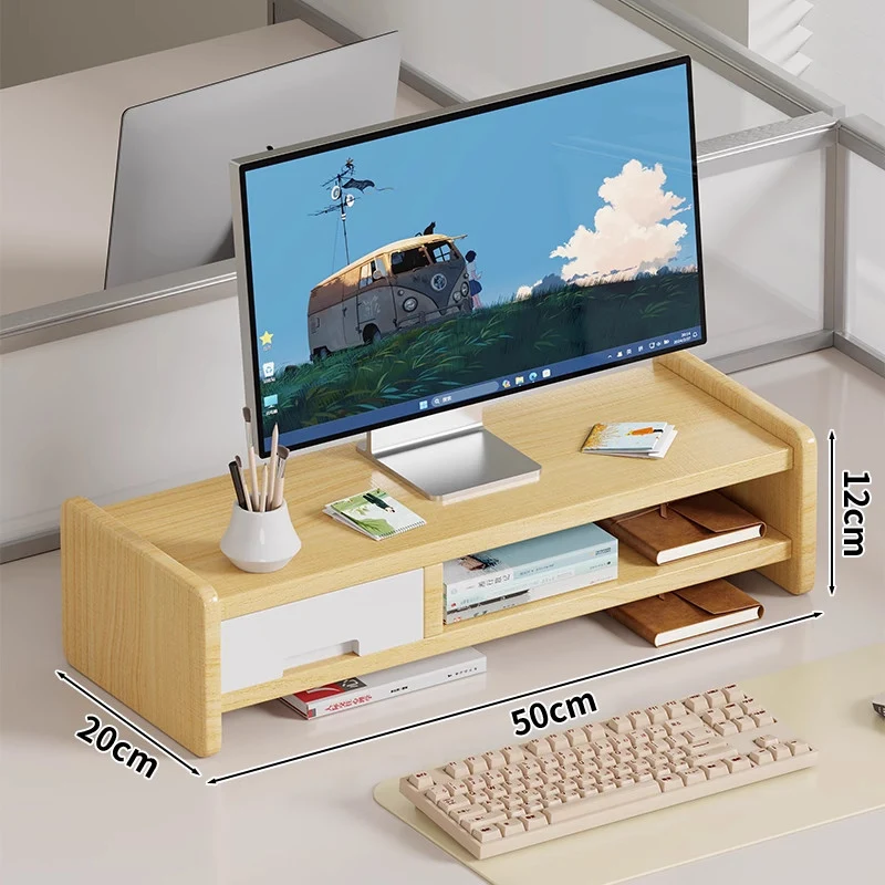 Massivholz-Monitorständer und Schreibtischorganizer mit zweistufigem Regal und Kabelmanagement
