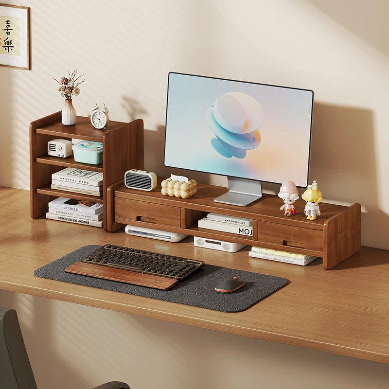 Massivholz-Monitorständer und Schreibtischorganizer mit zweistufigem Regal und Kabelmanagement