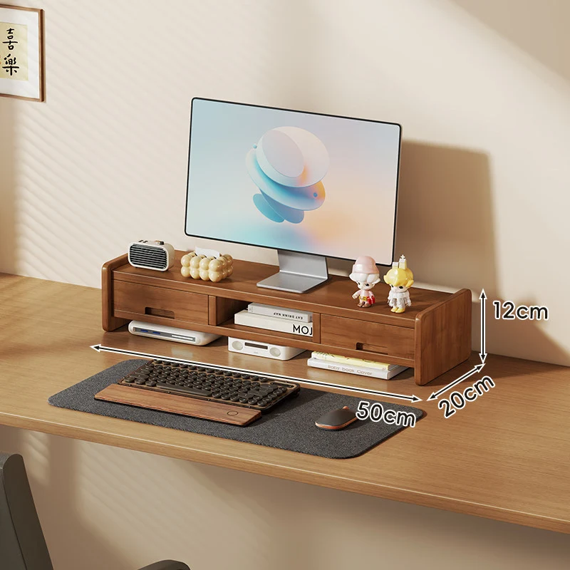 Massivholz-Monitorständer und Schreibtischorganizer mit zweistufigem Regal und Kabelmanagement