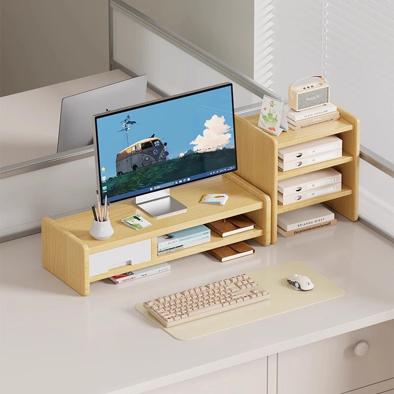 Massivholz-Monitorständer und Schreibtischorganizer mit zweistufigem Regal und Kabelmanagement