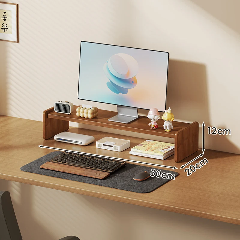 Massivholz-Monitorständer und Schreibtischorganizer mit zweistufigem Regal und Kabelmanagement