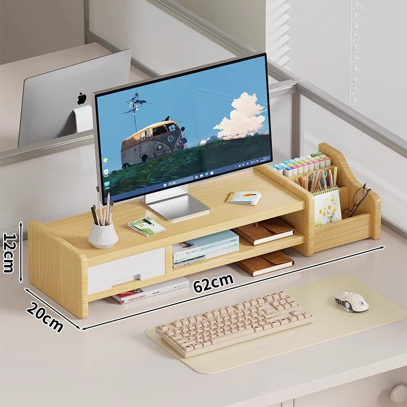 Massivholz-Monitorständer und Schreibtischorganizer mit zweistufigem Regal und Kabelmanagement