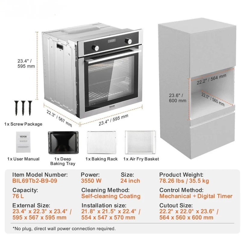 Elektrischer Einbau-Backofen 76L 3550W 9 Programme