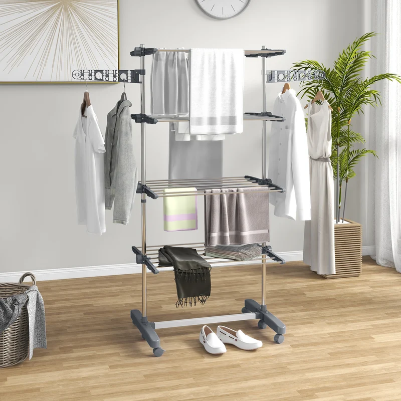 Foldable Clothes Drying Rack, 4-Tier Laundry Rack with 2 Side Wings and 6 Castors, Grey