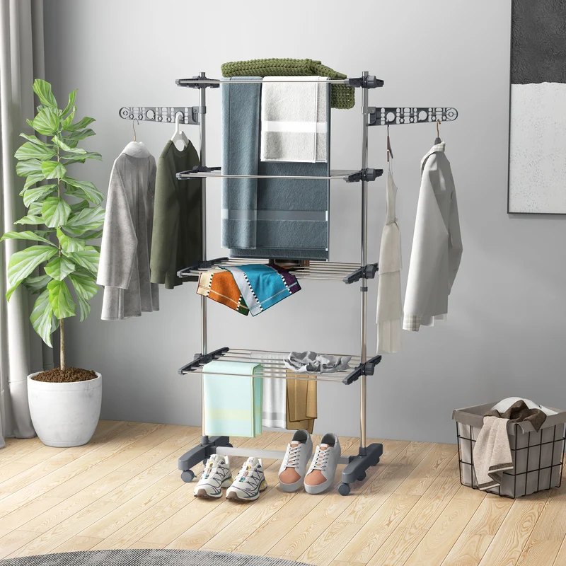 Foldable Clothes Drying Rack, 4-Tier Laundry Rack with 2 Side Wings and 6 Castors, Grey