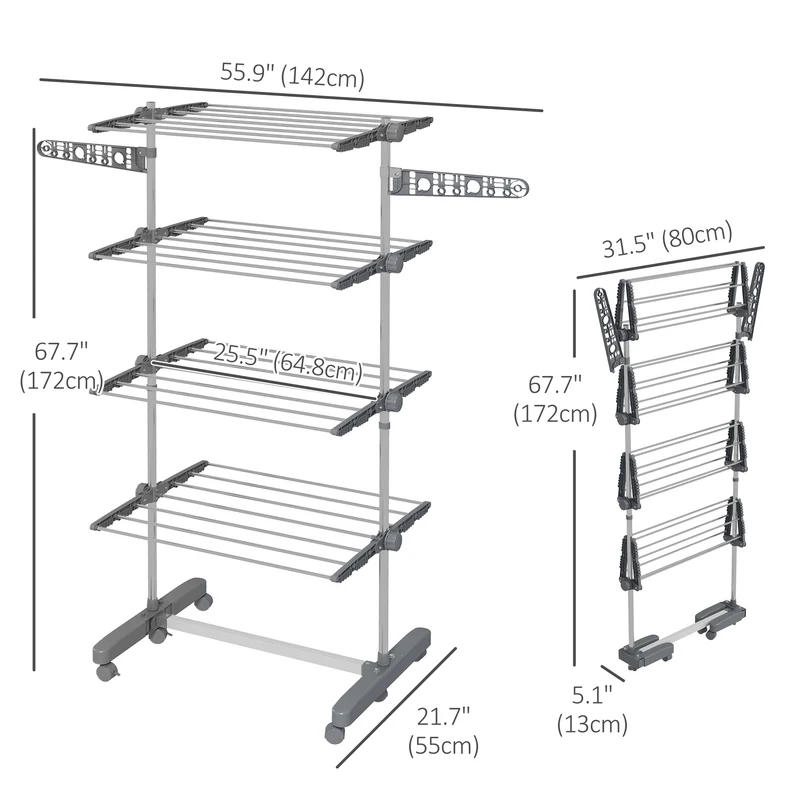 Foldable Clothes Drying Rack, 4-Tier Laundry Rack with 2 Side Wings and 6 Castors, Grey