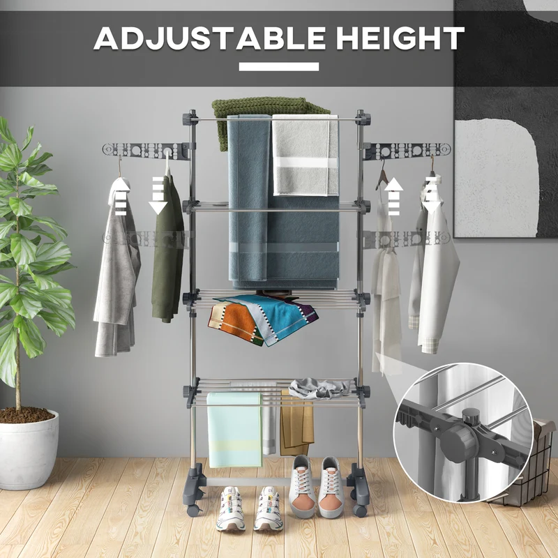 Foldable Clothes Drying Rack, 4-Tier Laundry Rack with 2 Side Wings and 6 Castors, Grey