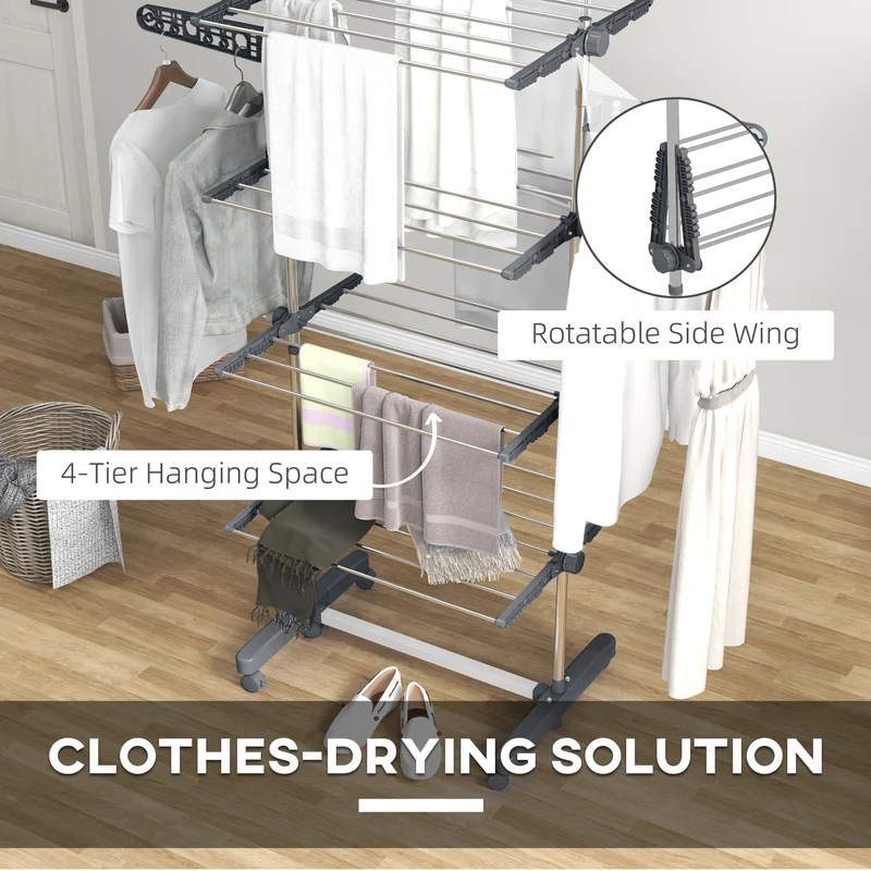 Foldable Clothes Drying Rack, 4-Tier Laundry Rack with 2 Side Wings and 6 Castors, Grey