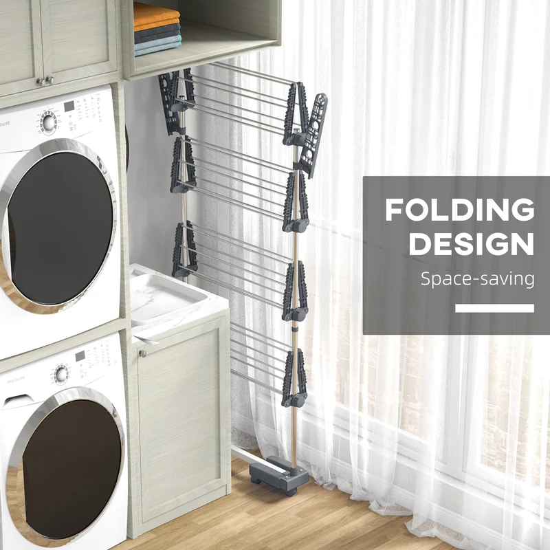Foldable Clothes Drying Rack, 4-Tier Laundry Rack with 2 Side Wings and 6 Castors, Grey