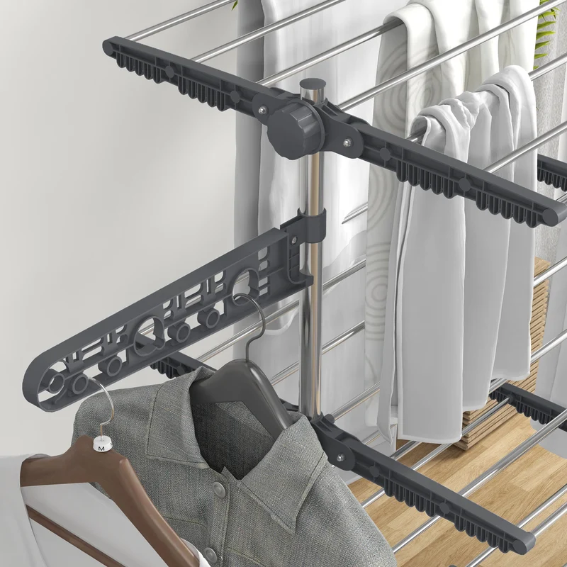 Foldable Clothes Drying Rack, 4-Tier Laundry Rack with 2 Side Wings and 6 Castors, Grey