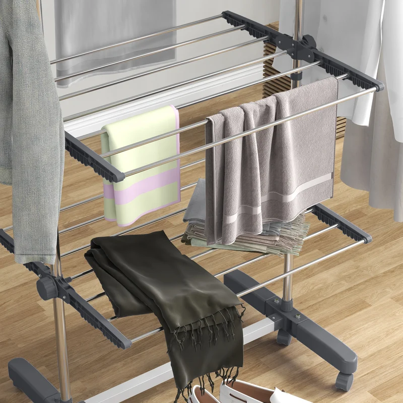 Foldable Clothes Drying Rack, 4-Tier Laundry Rack with 2 Side Wings and 6 Castors, Grey