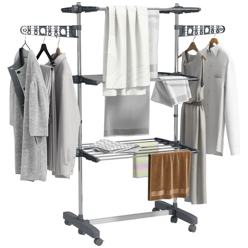 Foldable Clothes Drying Rack, 3-Tier Laundry Rack with 2 Side Wings and 6 Castors, Grey