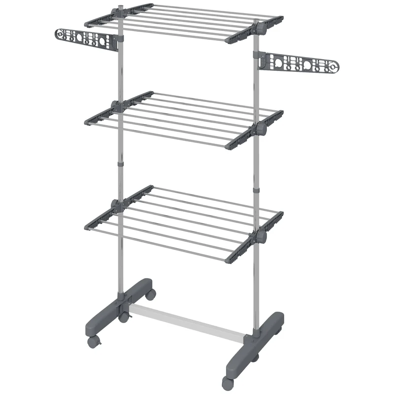 Foldable Clothes Drying Rack, 3-Tier Laundry Rack with 2 Side Wings and 6 Castors, Grey