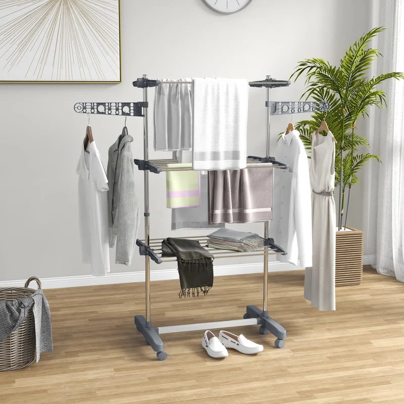Foldable Clothes Drying Rack, 3-Tier Laundry Rack with 2 Side Wings and 6 Castors, Grey