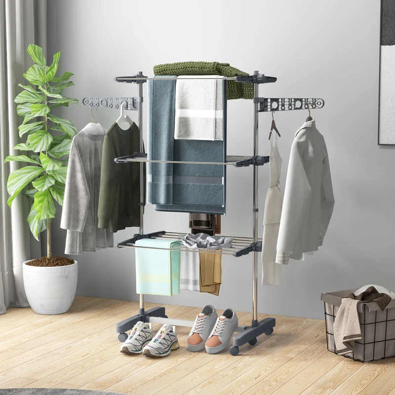Foldable Clothes Drying Rack, 3-Tier Laundry Rack with 2 Side Wings and 6 Castors, Grey