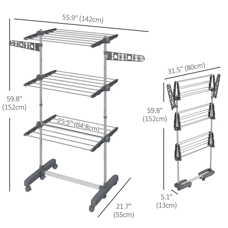 Foldable Clothes Drying Rack, 3-Tier Laundry Rack with 2 Side Wings and 6 Castors, Grey