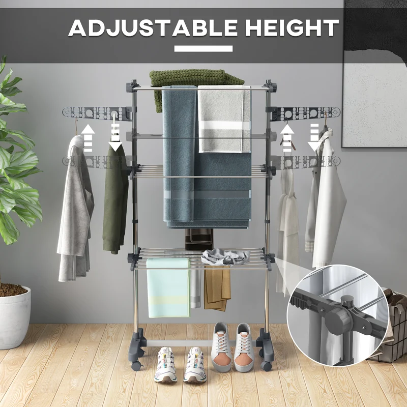Foldable Clothes Drying Rack, 3-Tier Laundry Rack with 2 Side Wings and 6 Castors, Grey