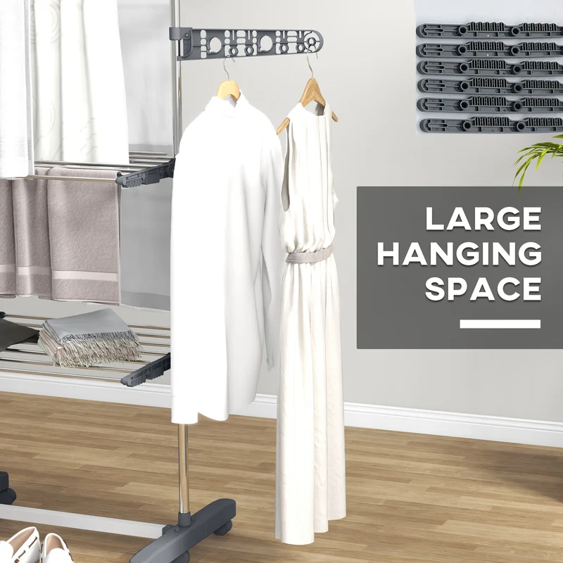Foldable Clothes Drying Rack, 3-Tier Laundry Rack with 2 Side Wings and 6 Castors, Grey