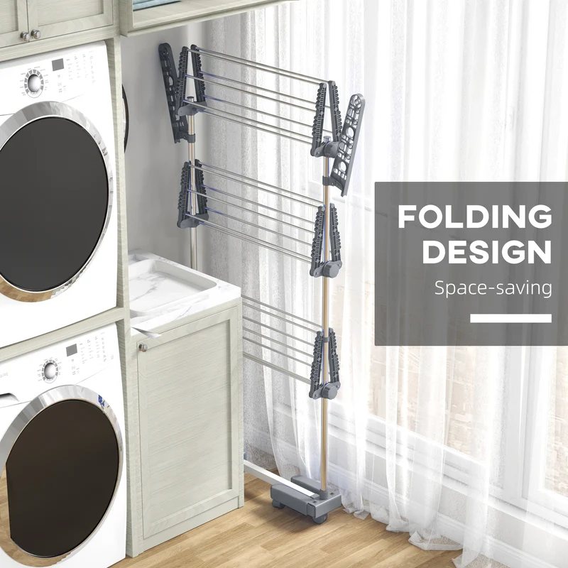 Foldable Clothes Drying Rack, 3-Tier Laundry Rack with 2 Side Wings and 6 Castors, Grey