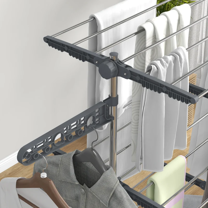 Foldable Clothes Drying Rack, 3-Tier Laundry Rack with 2 Side Wings and 6 Castors, Grey
