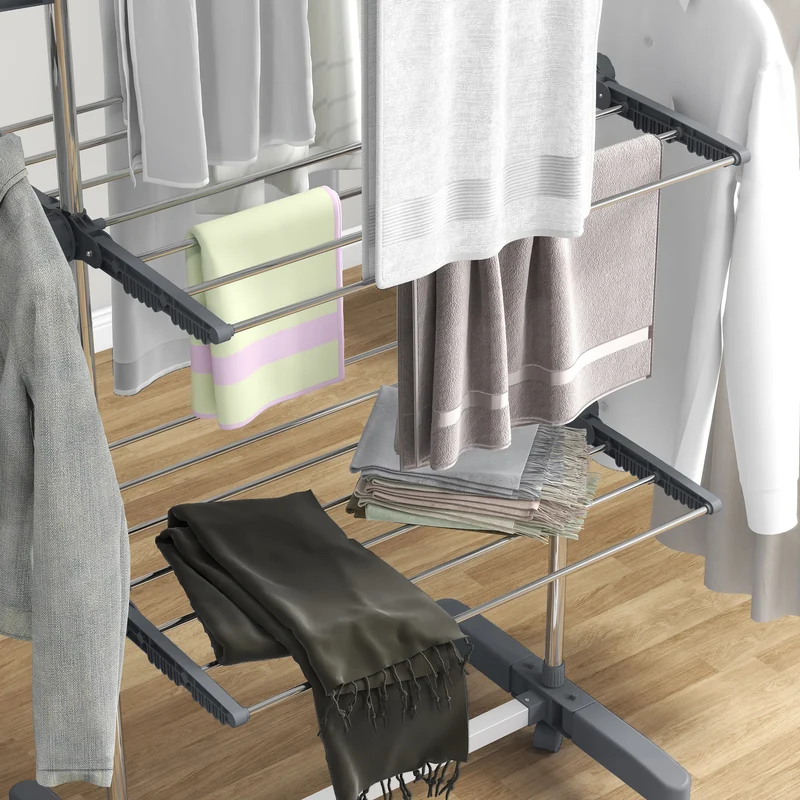 Foldable Clothes Drying Rack, 3-Tier Laundry Rack with 2 Side Wings and 6 Castors, Grey